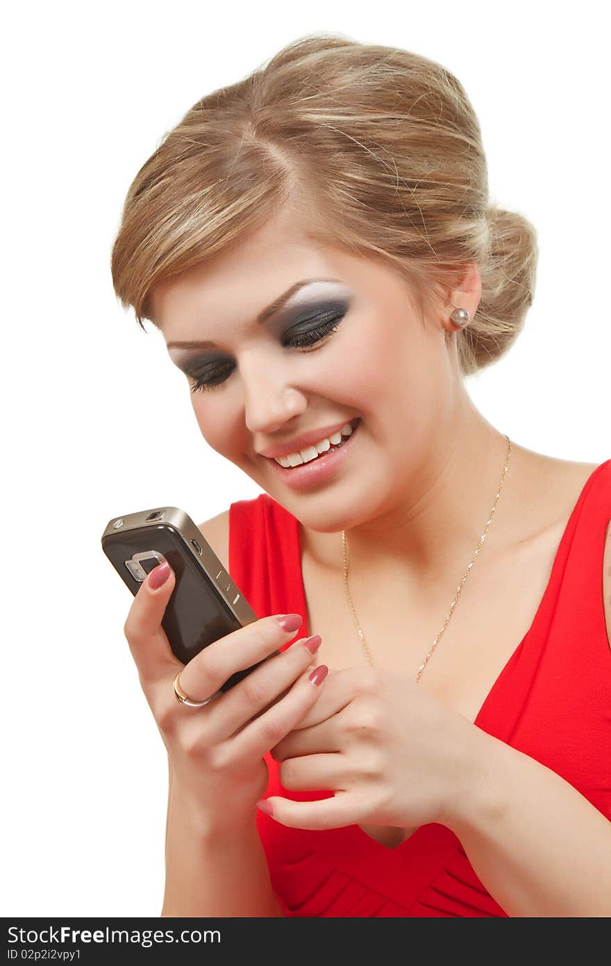 Girl with cellphone isolated over white background