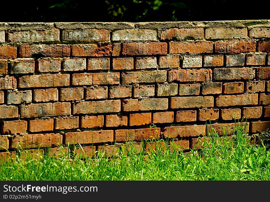 Red brick wall and green grass