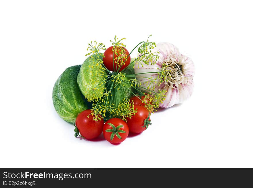 Fresh tomatoes cucumbers dill and garlic isolated on white