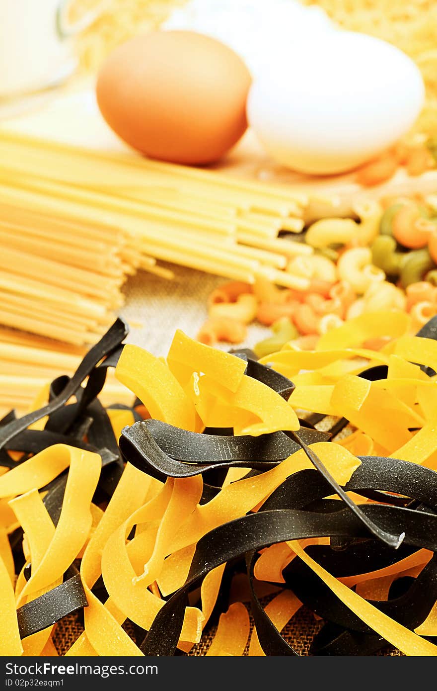 Food theme: colorful pasta, spagetti and eggs. Food theme: colorful pasta, spagetti and eggs.