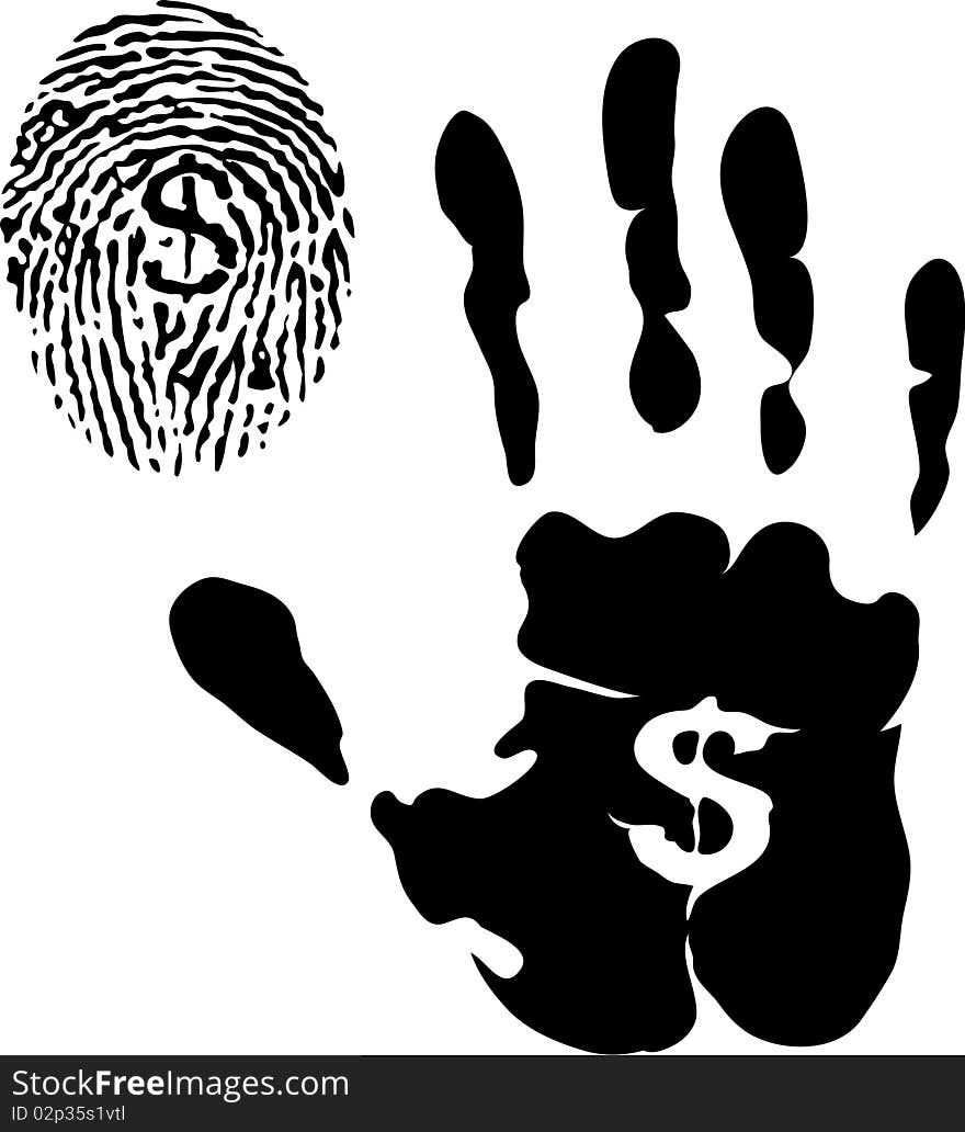 Handprint and fingerprint with dollar signs