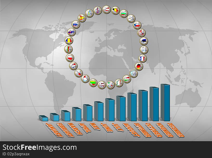 European Unions flags stamped in euro coins and statistics graphic. European Unions flags stamped in euro coins and statistics graphic