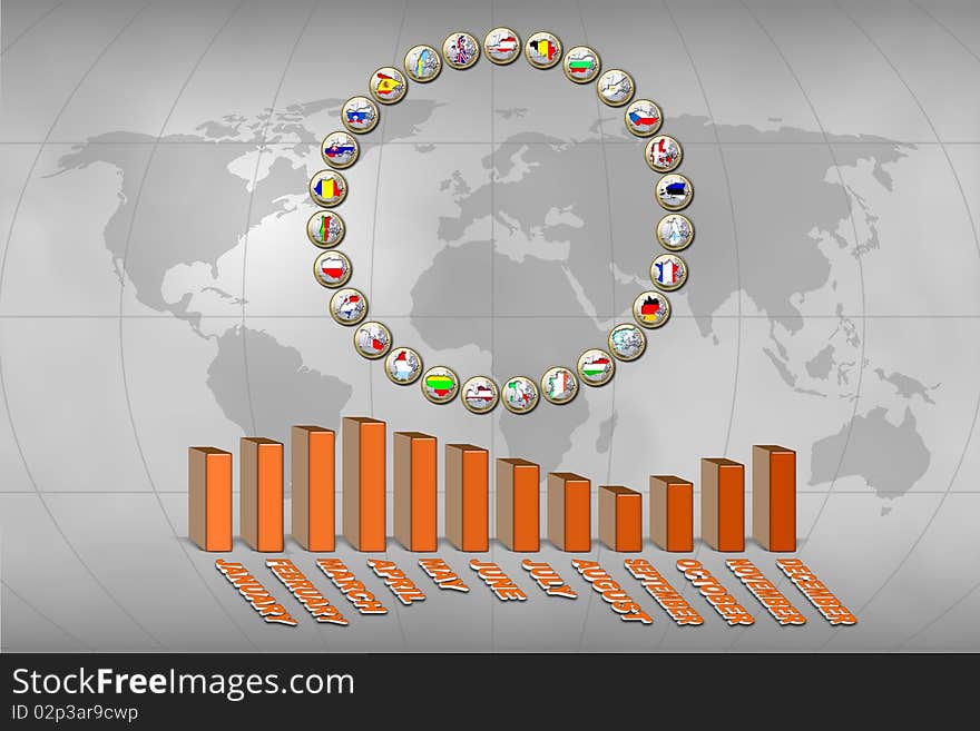 European Unions flags stamped in euro coins and statistics graphic. European Unions flags stamped in euro coins and statistics graphic