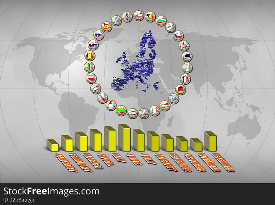 European Unions flags stamped in euro coins and statistics graphic. European Unions flags stamped in euro coins and statistics graphic