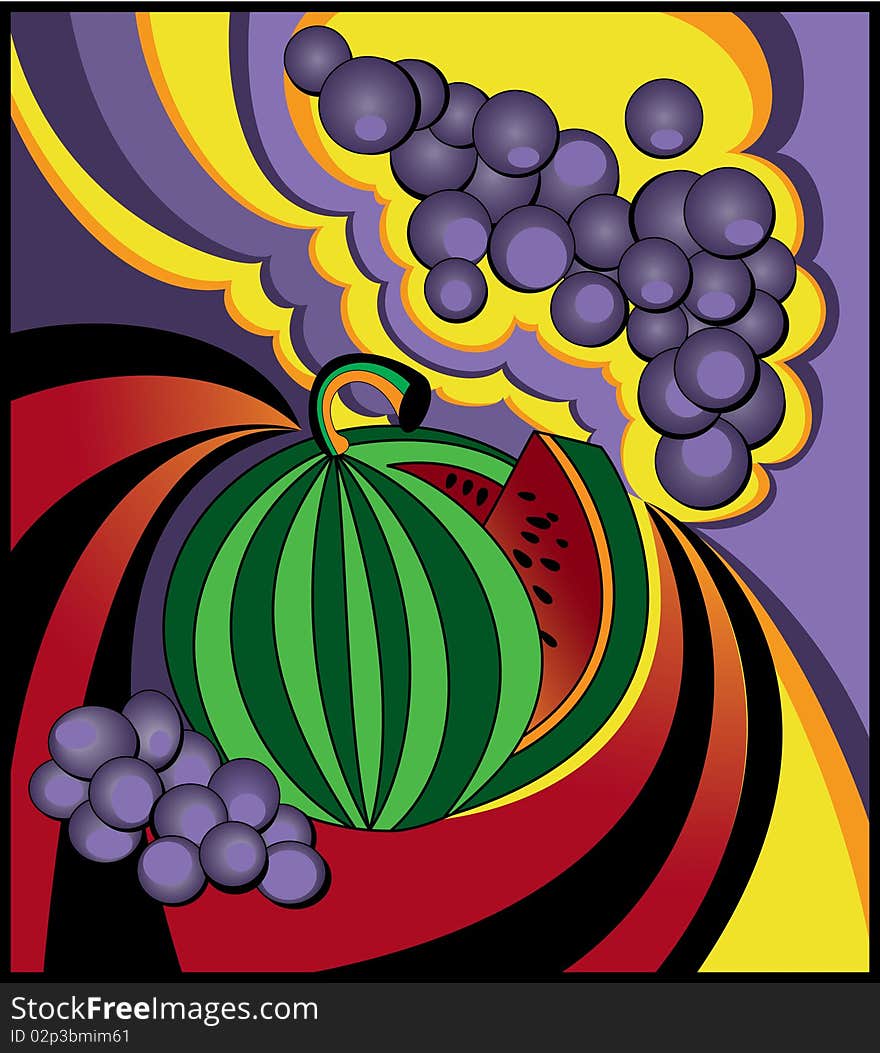 Abstract illustration of a watermelon cut and some grapes on colorful background. Abstract illustration of a watermelon cut and some grapes on colorful background