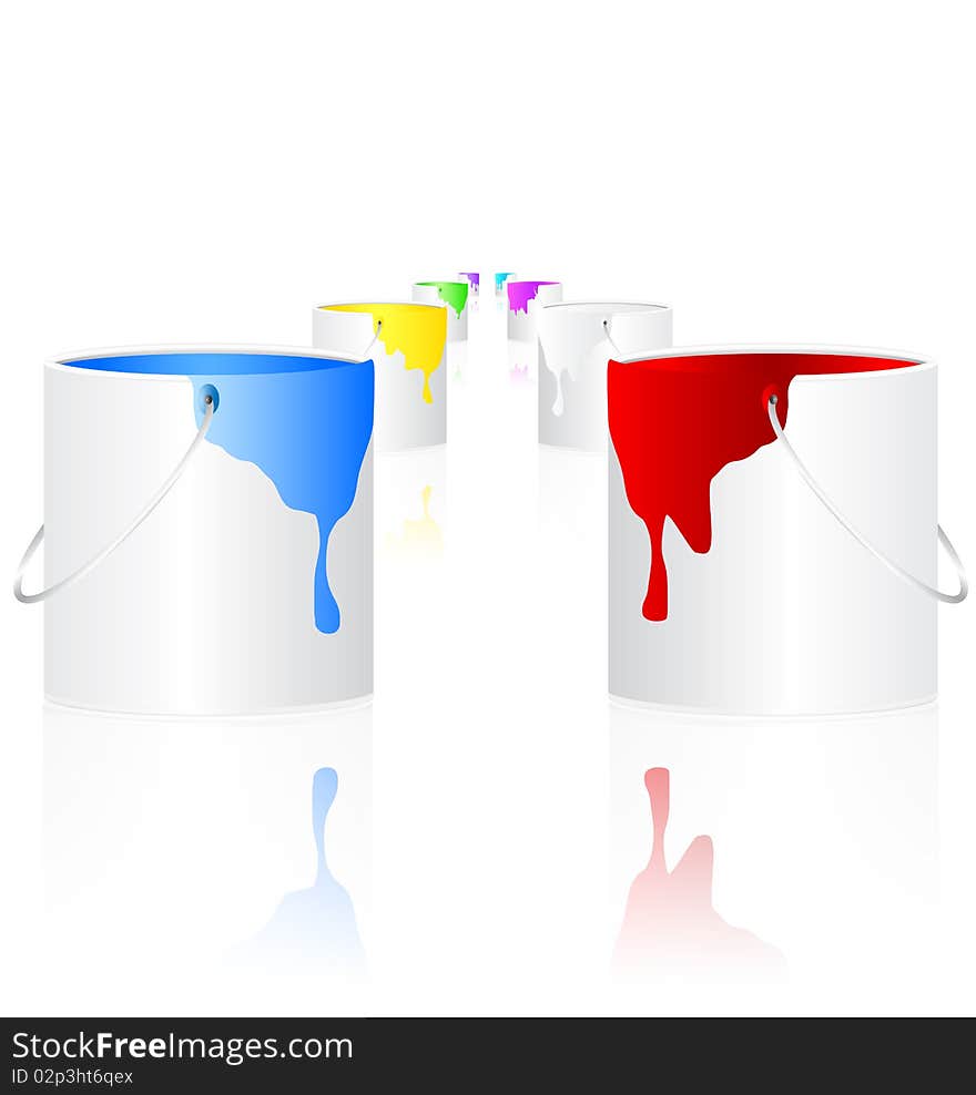 Illustration of buckets with paint over white background