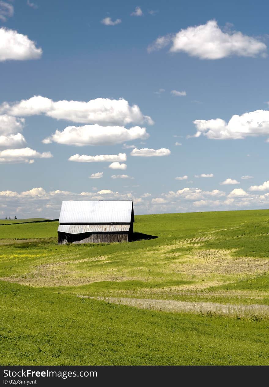 A barn in a field on a sunny day in the Palouse of Washington state. A barn in a field on a sunny day in the Palouse of Washington state.