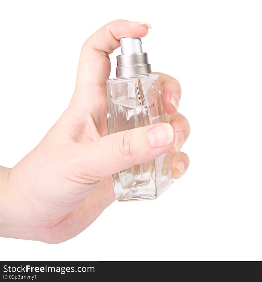 Perfume in hand on white background (isolated, clipping path)