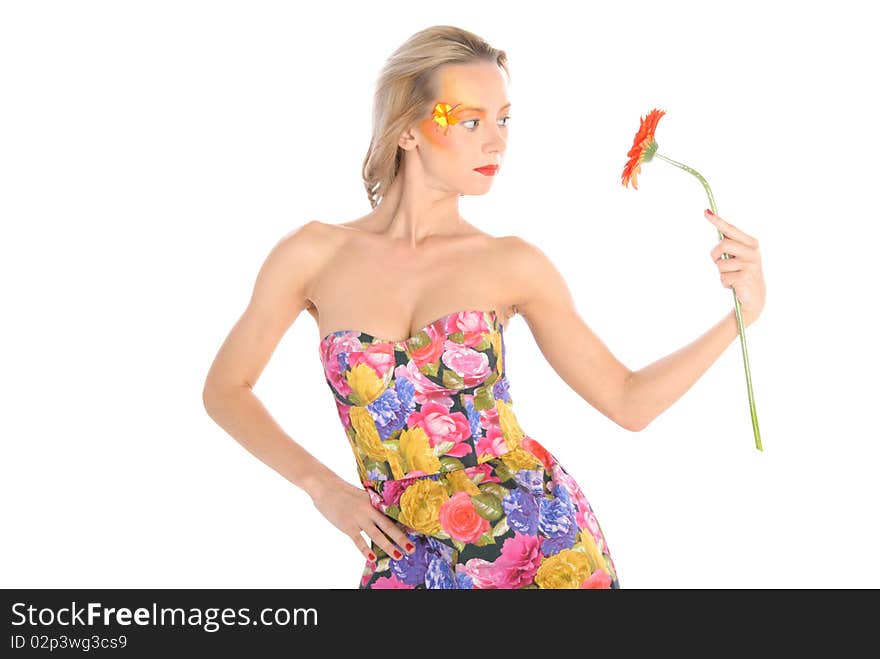 Young woman with red flower isolated in white