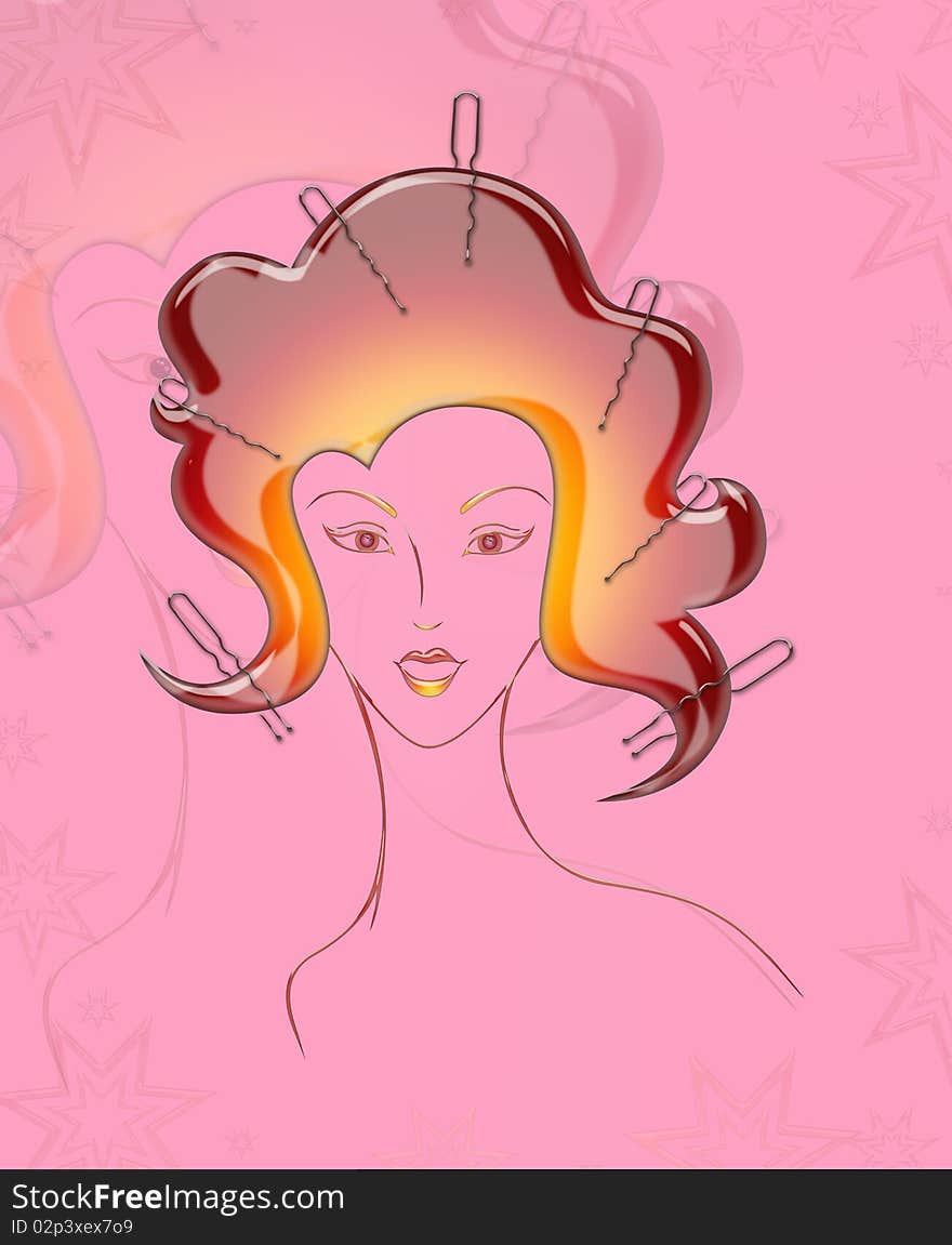 Illustration of  girl  with hairdressing accessories in her hair