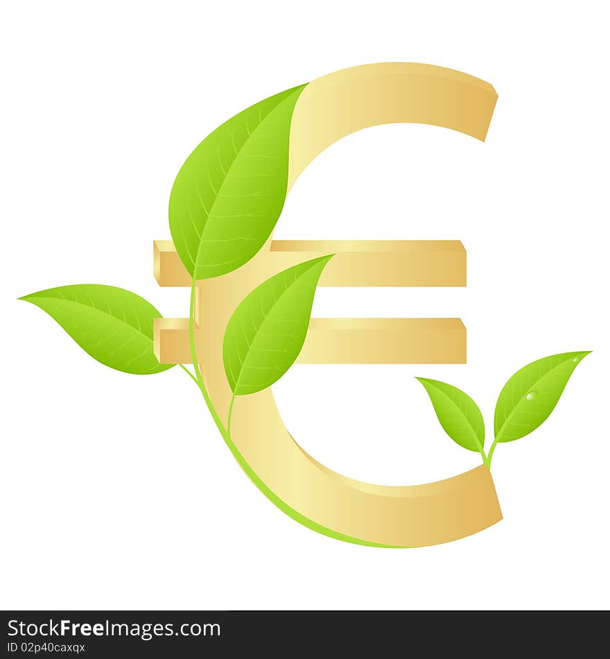 Gold euro sign with a green sprout. Vector illustration, isolated on a white.