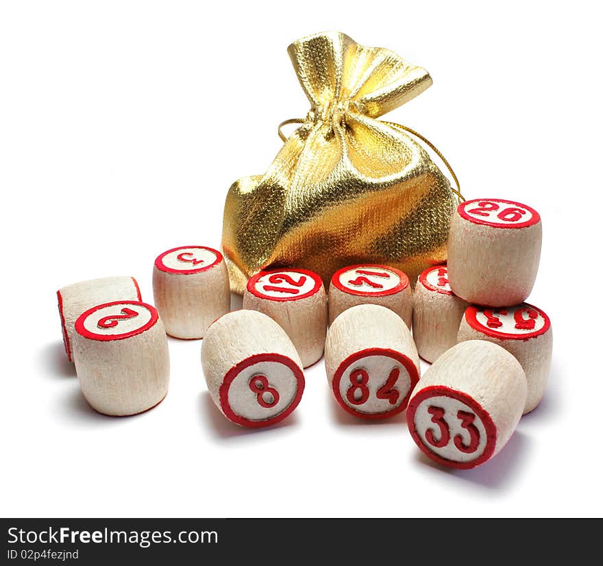 Wooden kegs with bag for bingo isolated on white background. Wooden kegs with bag for bingo isolated on white background