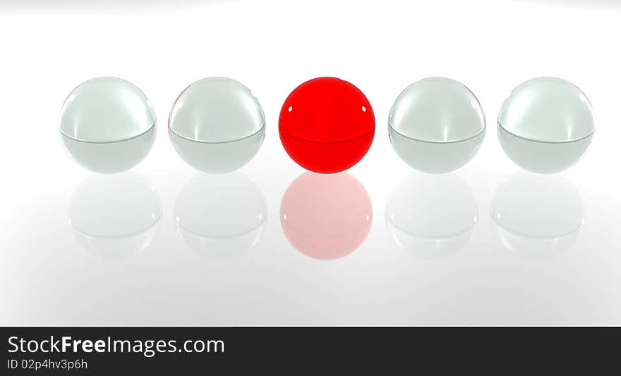 Five glass balls, four white and one red. Five glass balls, four white and one red