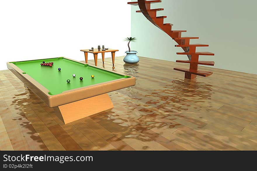 Room with wood stairs, table, flower and pool table. Room with wood stairs, table, flower and pool table