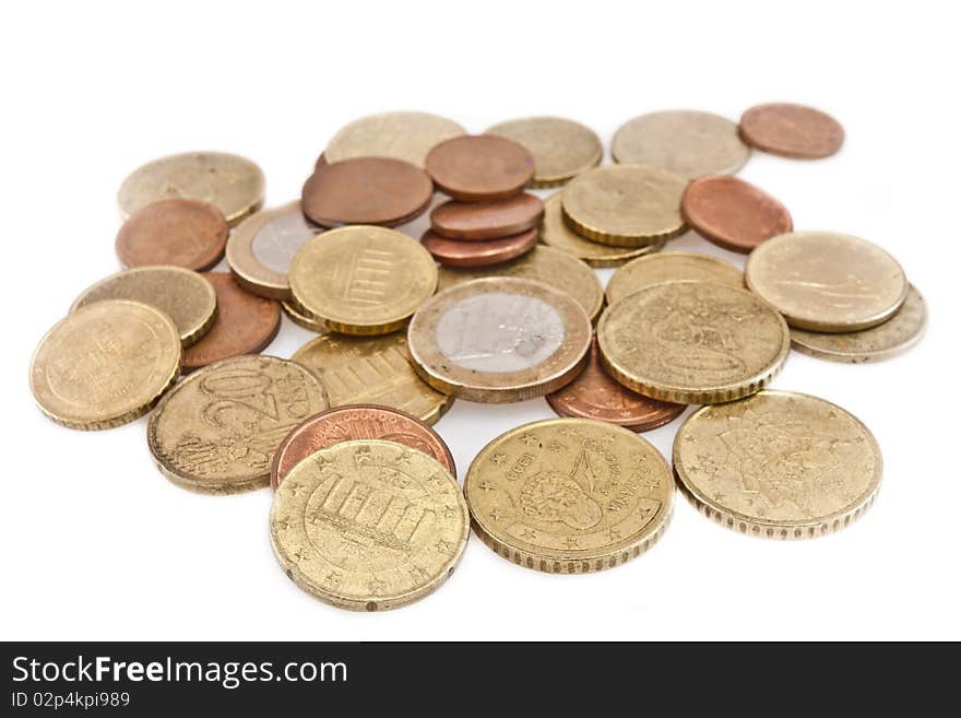 Euro and cent coins from the European Union isolated on white background. Euro and cent coins from the European Union isolated on white background