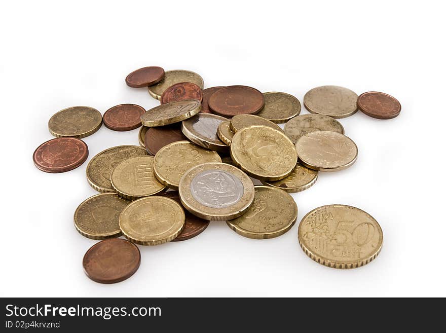 Euro and cent coins from the European Union isolated on white background. Euro and cent coins from the European Union isolated on white background