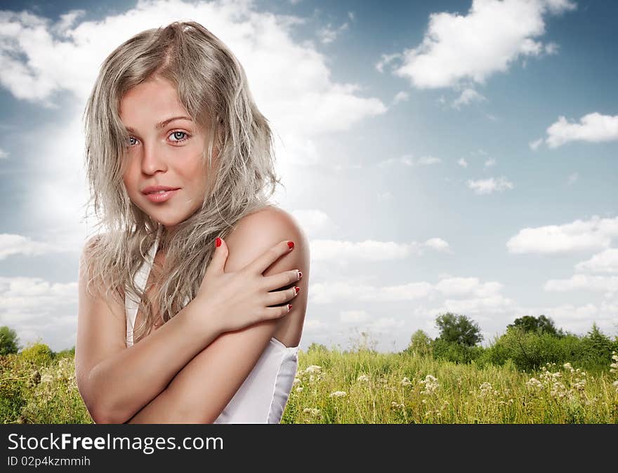 Portrait of young beautiful girl on color back. Portrait of young beautiful girl on color back