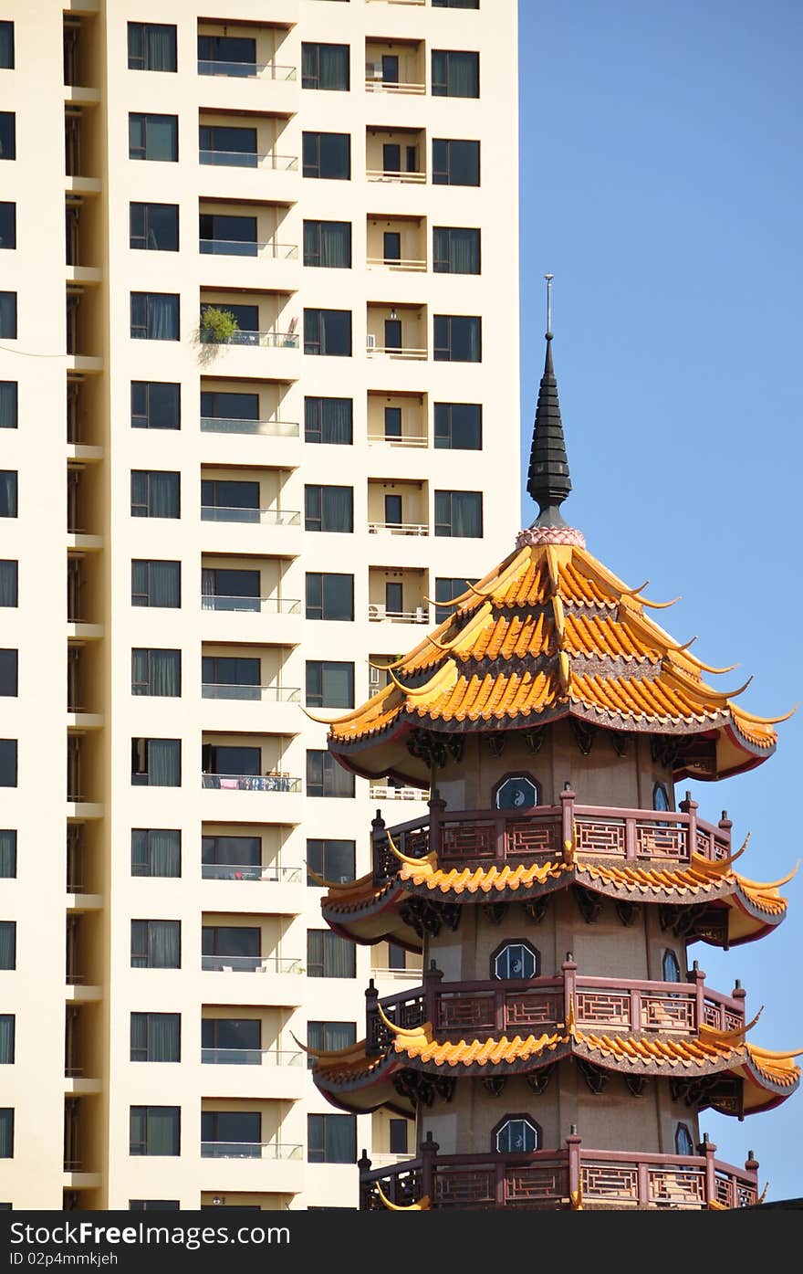 Bangkok - traditional and modern highrise with a blue sky background