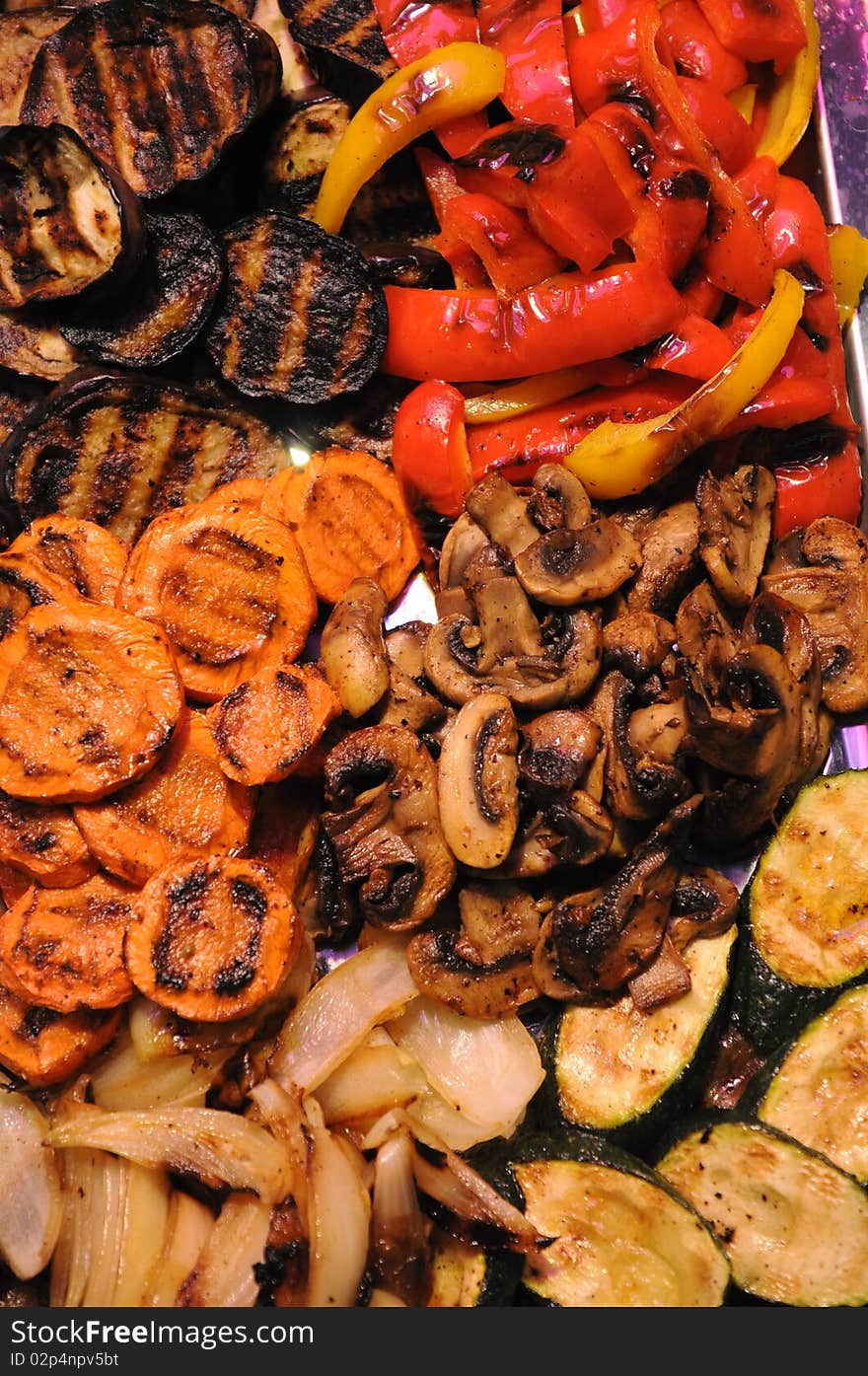 Grilled vegetables on a platter.