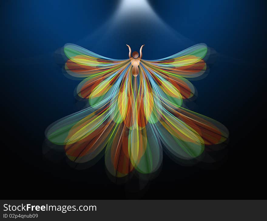 Illustration of a dragonfly silhouette with colorful wings, its hands raised towards a ray of light, dark blue background. Illustration of a dragonfly silhouette with colorful wings, its hands raised towards a ray of light, dark blue background