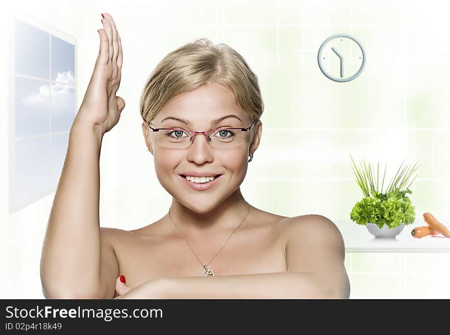 High key portrait of young beautiful woman in glasses. High key portrait of young beautiful woman in glasses