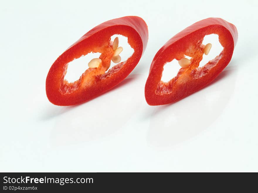 Slices of red chili on a white plate