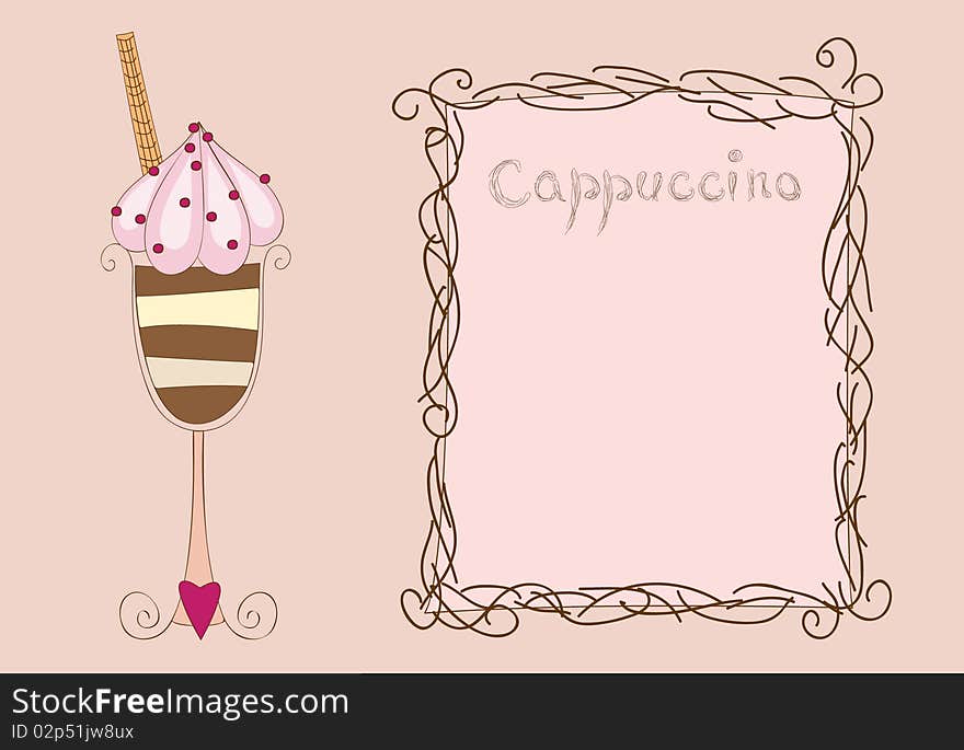 Card with cappuccino and frame