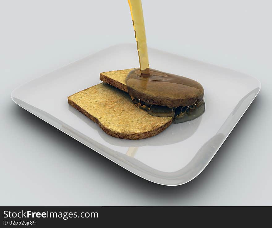 3D Rendered image of bread with honey in a plate. 3D Rendered image of bread with honey in a plate