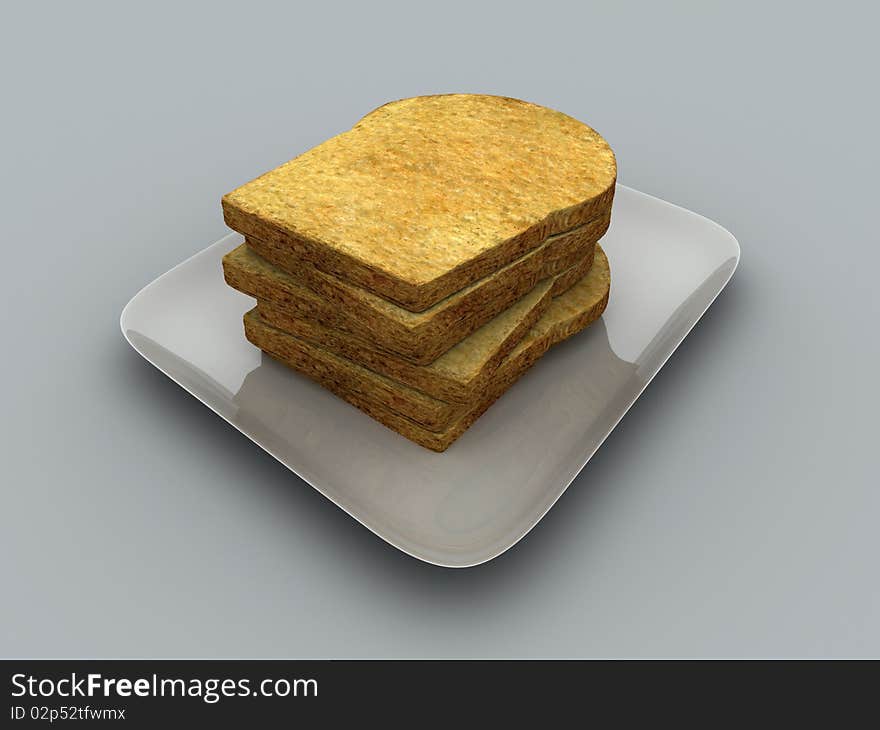 3D Rendered image of Couple slices bread in a plate