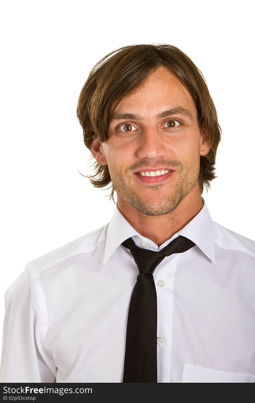 Young businessman isolated over white background with a black tie and longer hair. Young businessman isolated over white background with a black tie and longer hair.