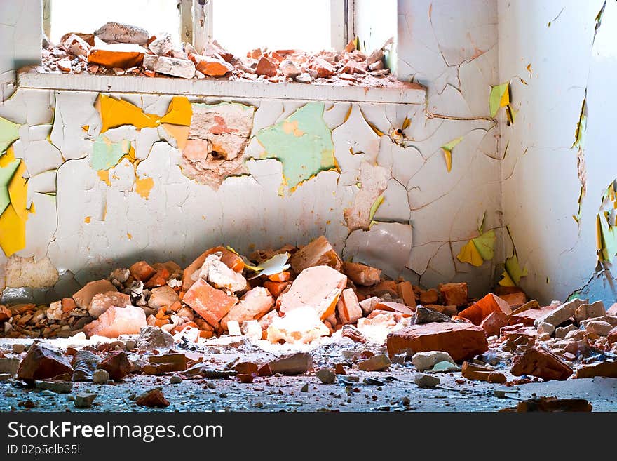 Wide angle view of an old wall abandoned factory building