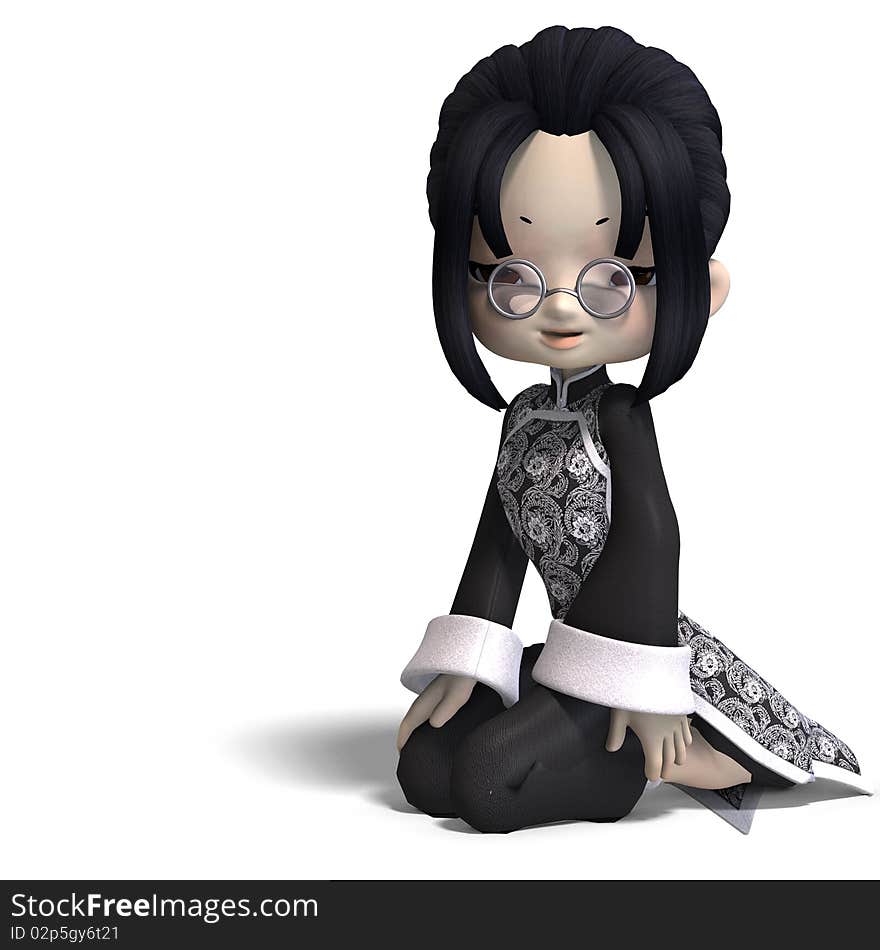 Funny cartoon girl from china. 3D rendering with clipping path and shadow over white