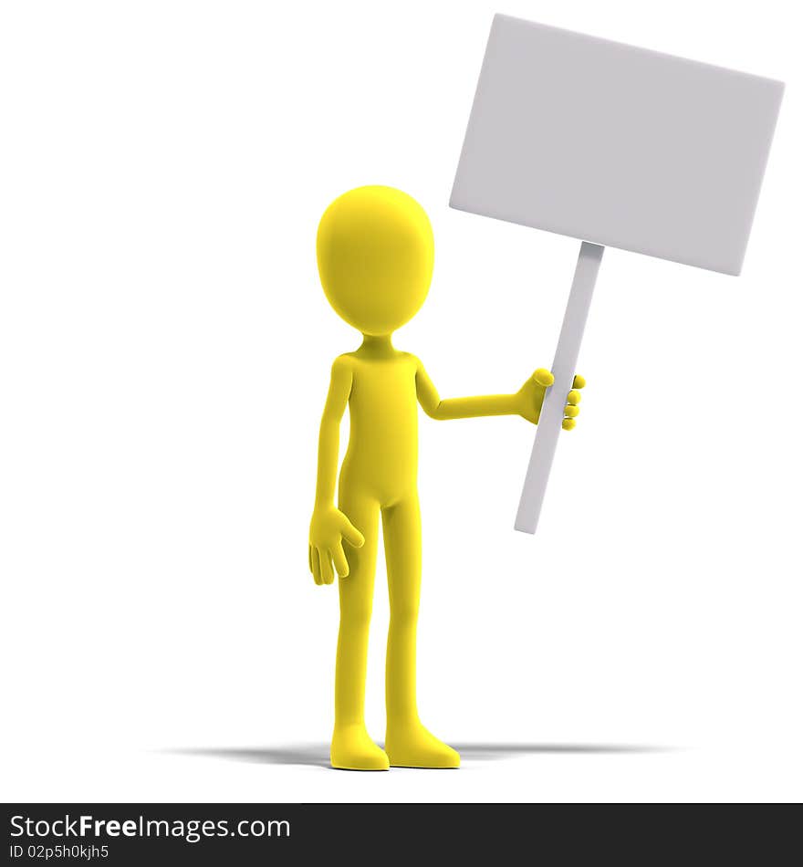 Symbolic 3d male toon character show something with a blank sign. 3D rendering with clipping path and shadow over white