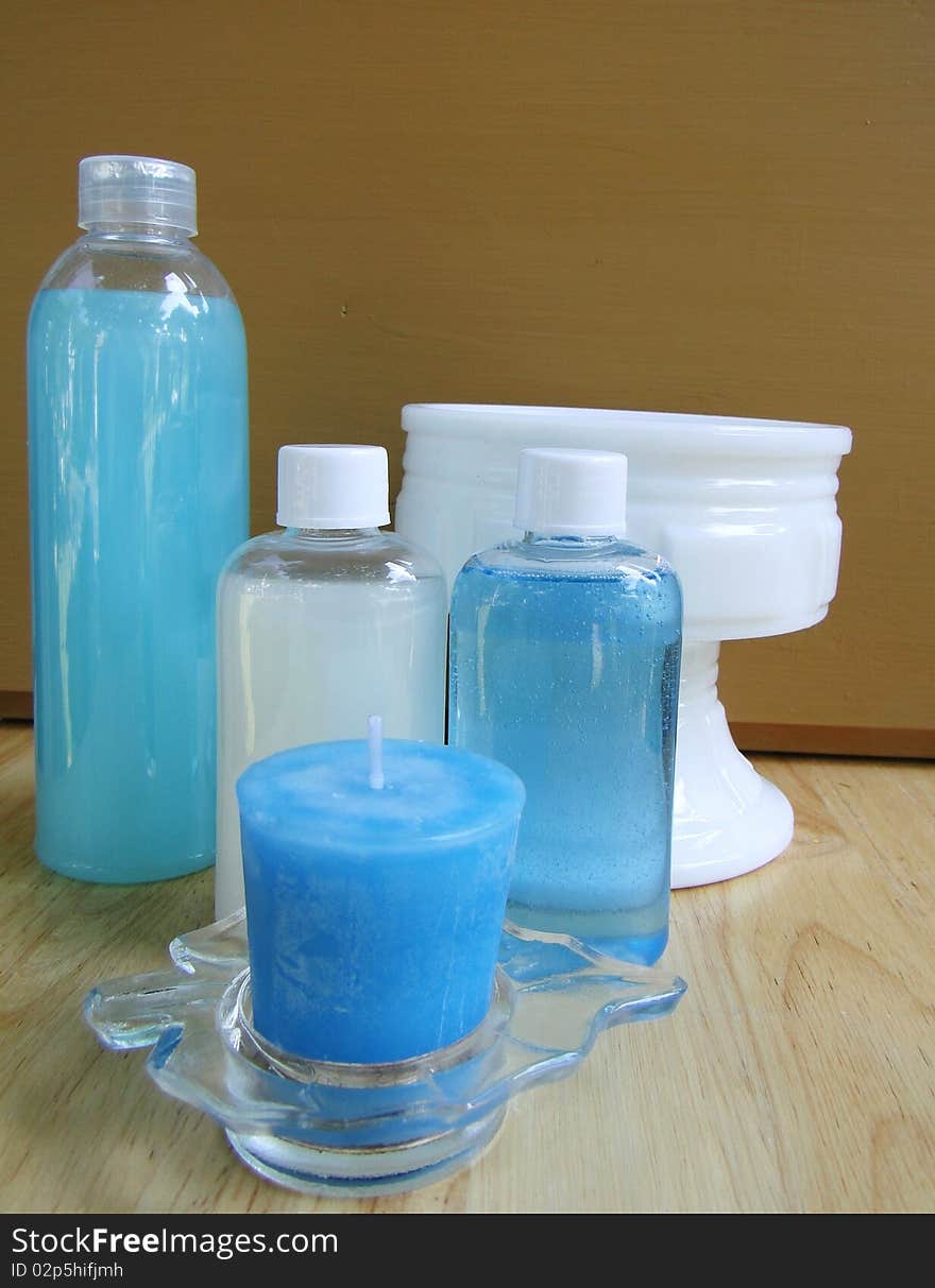 Tree soap bottles, votive candle and vase. Tree soap bottles, votive candle and vase