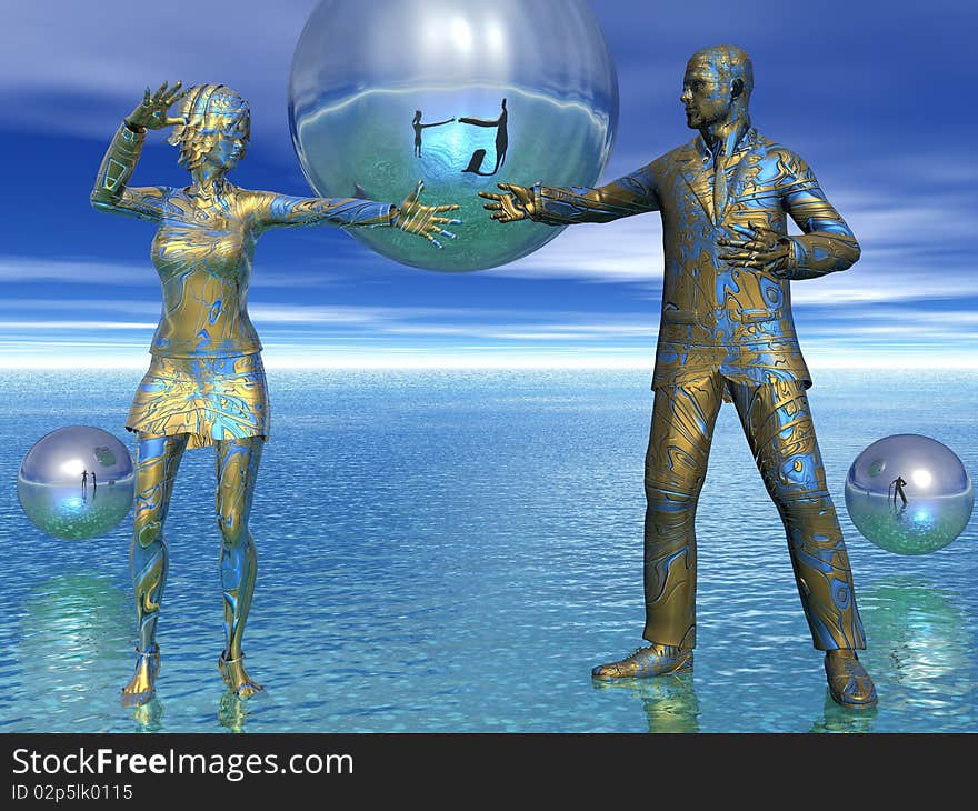 An abstract 3D render of a blue and gold metal couple doing a tango. An abstract 3D render of a blue and gold metal couple doing a tango.