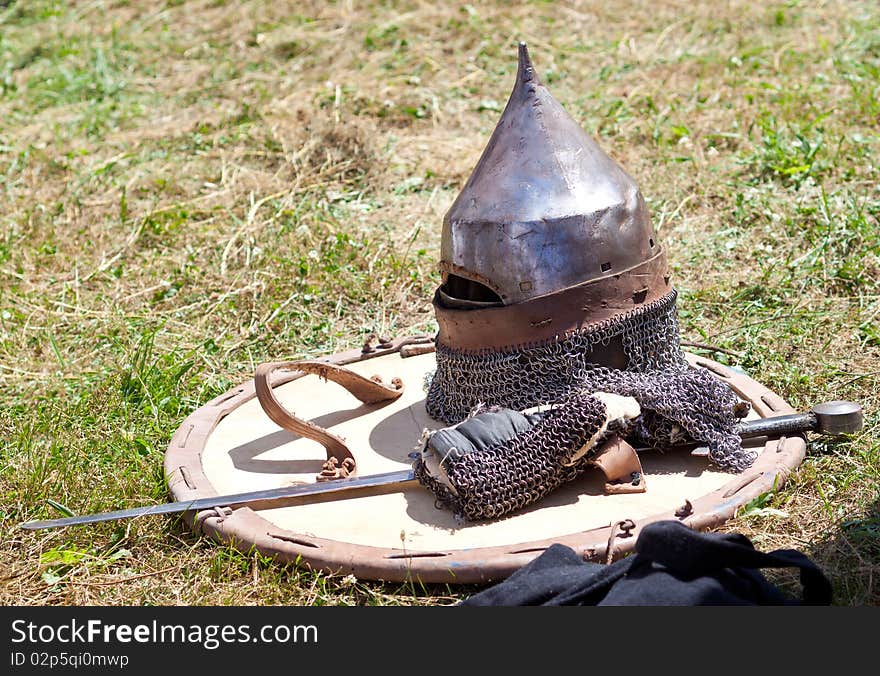 Helmet, shield and sword