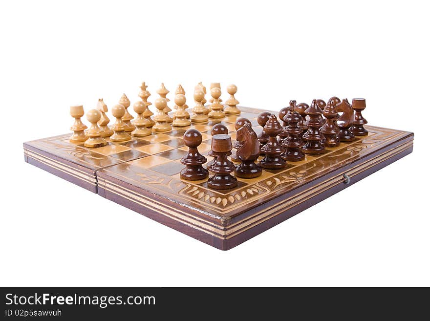 Set of a chess figures on a chessboard isolated on white background