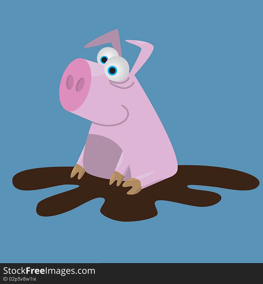 Pink pig sitting in puddle