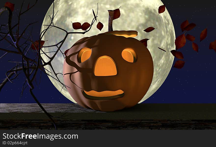 Pumpkin sitting on a ledge with a large full moon behind it and leaves blowing in the wind. Pumpkin sitting on a ledge with a large full moon behind it and leaves blowing in the wind.