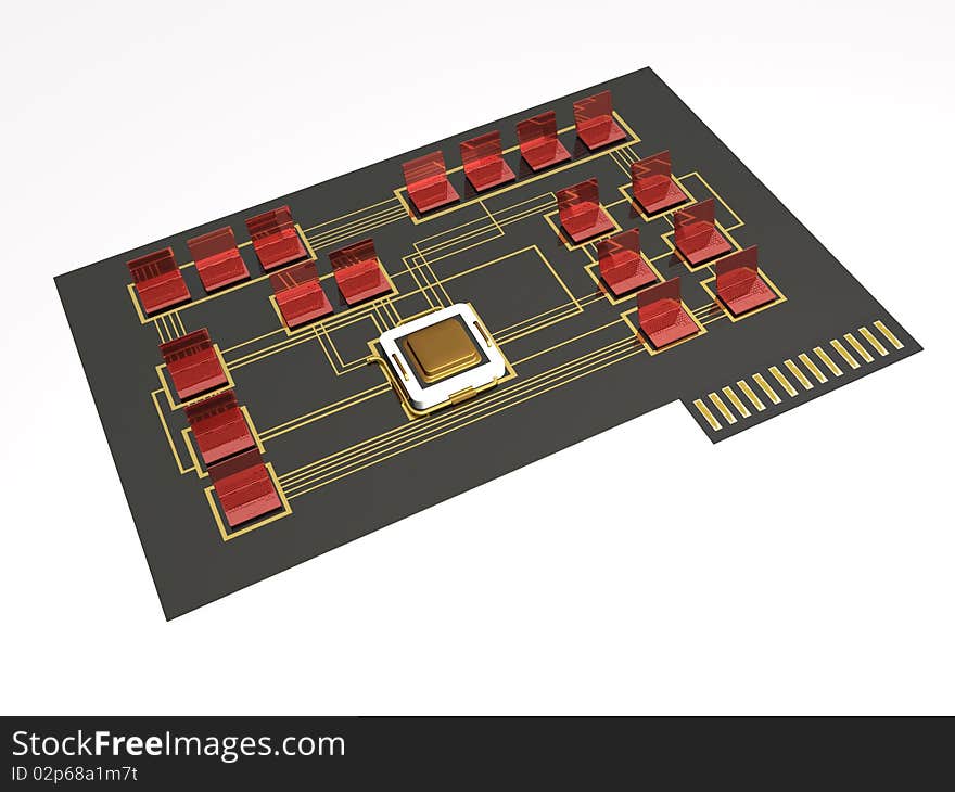 Red 3d notebooks and processor on electronic board. Red 3d notebooks and processor on electronic board.