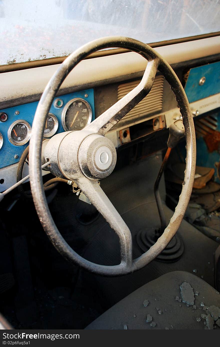 View of the interior of an old vintage car. View of the interior of an old vintage car