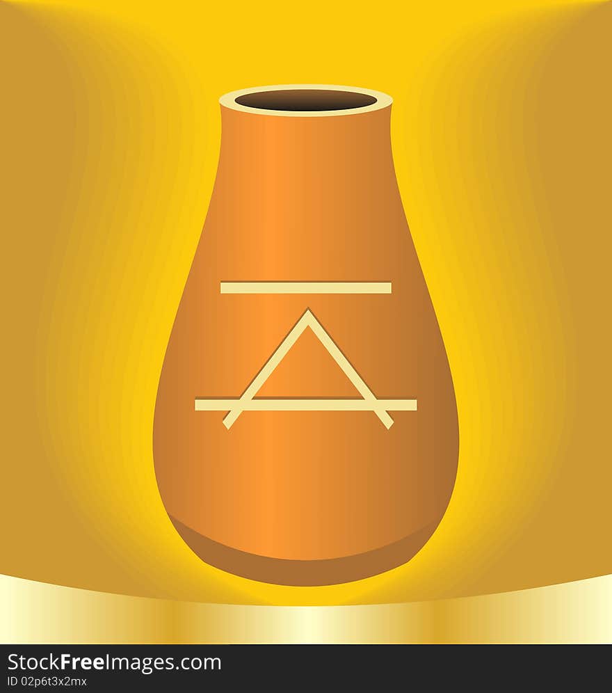 Illustration ancient jug with symbol on gold background. Vector