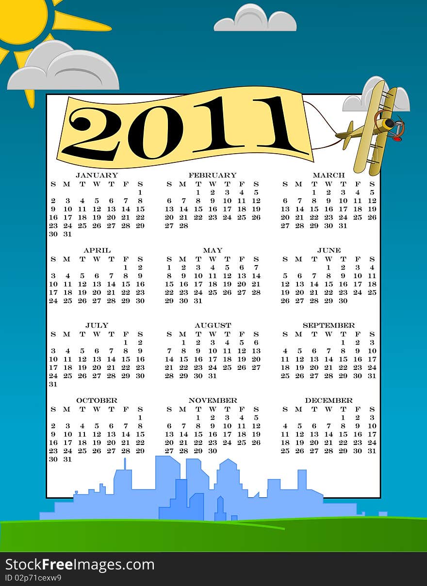 A vector 2011 Calendar with biplane and city skyline. A vector 2011 Calendar with biplane and city skyline