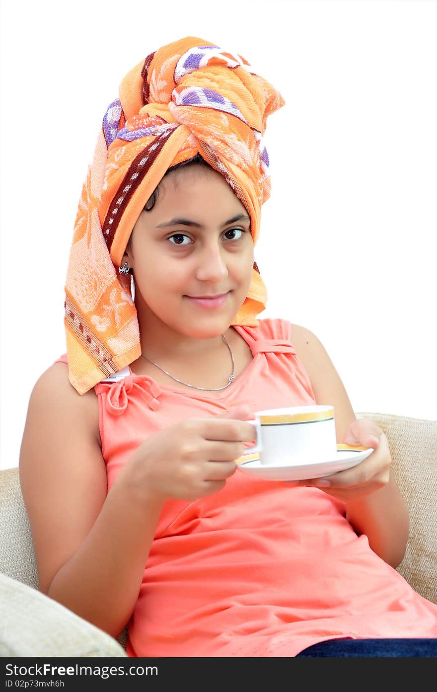 Girl with tea cup isolated on white. Girl with tea cup isolated on white