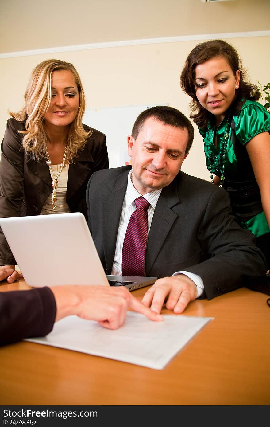 Group of three business people having negotiation with woman. Group of three business people having negotiation with woman