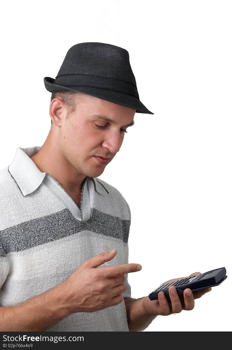 A young man with a calculator.