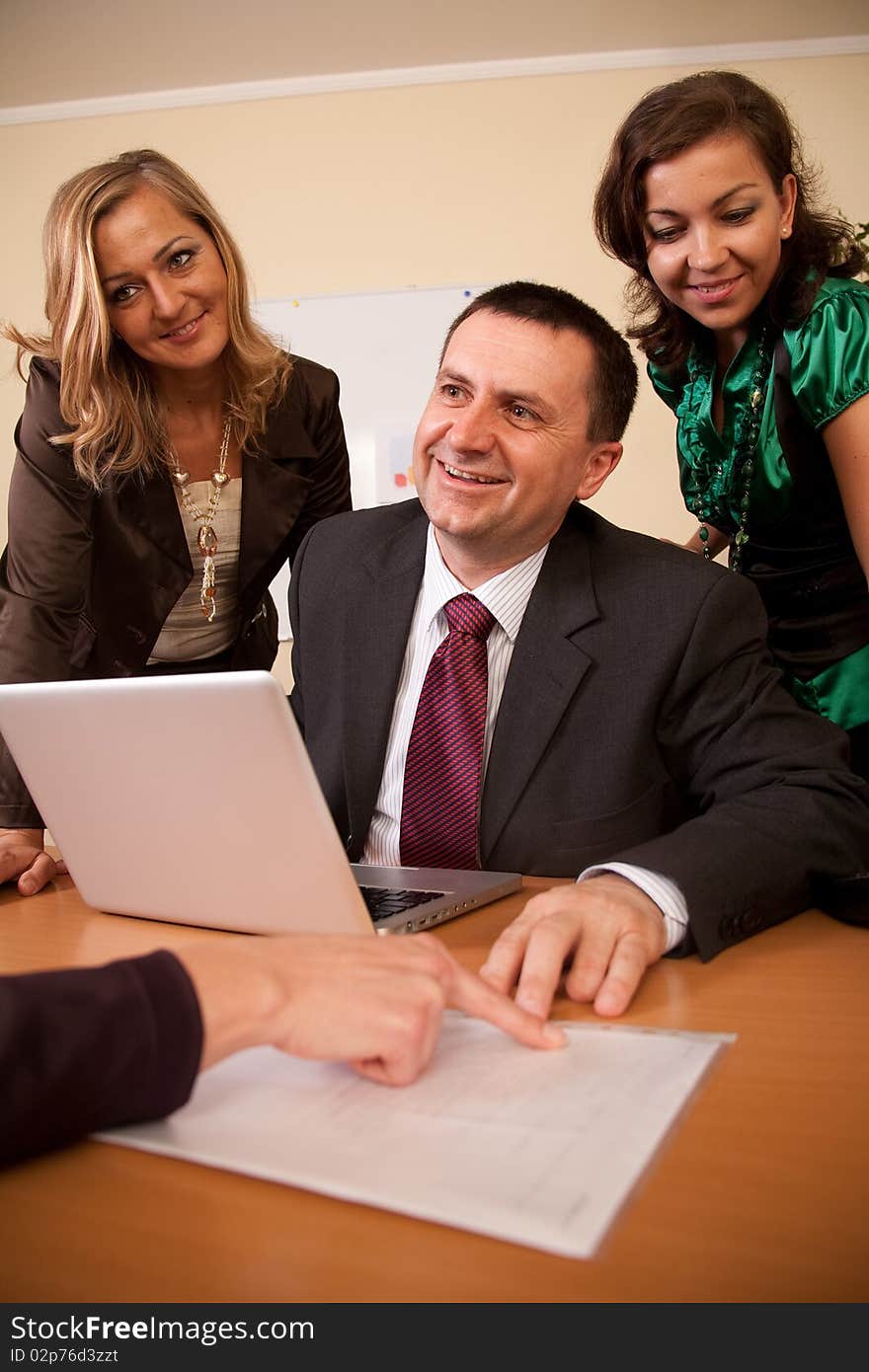 Group of three business people having negotiation with woman. Group of three business people having negotiation with woman