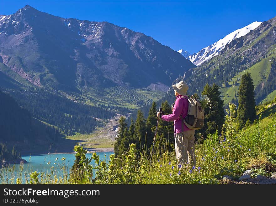 Old women with mountains flowers. Old women with mountains flowers