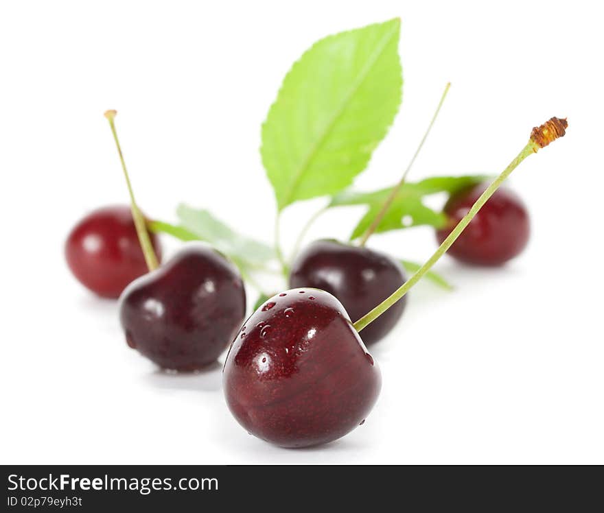 Sweet cherries with leaves, isolated on white