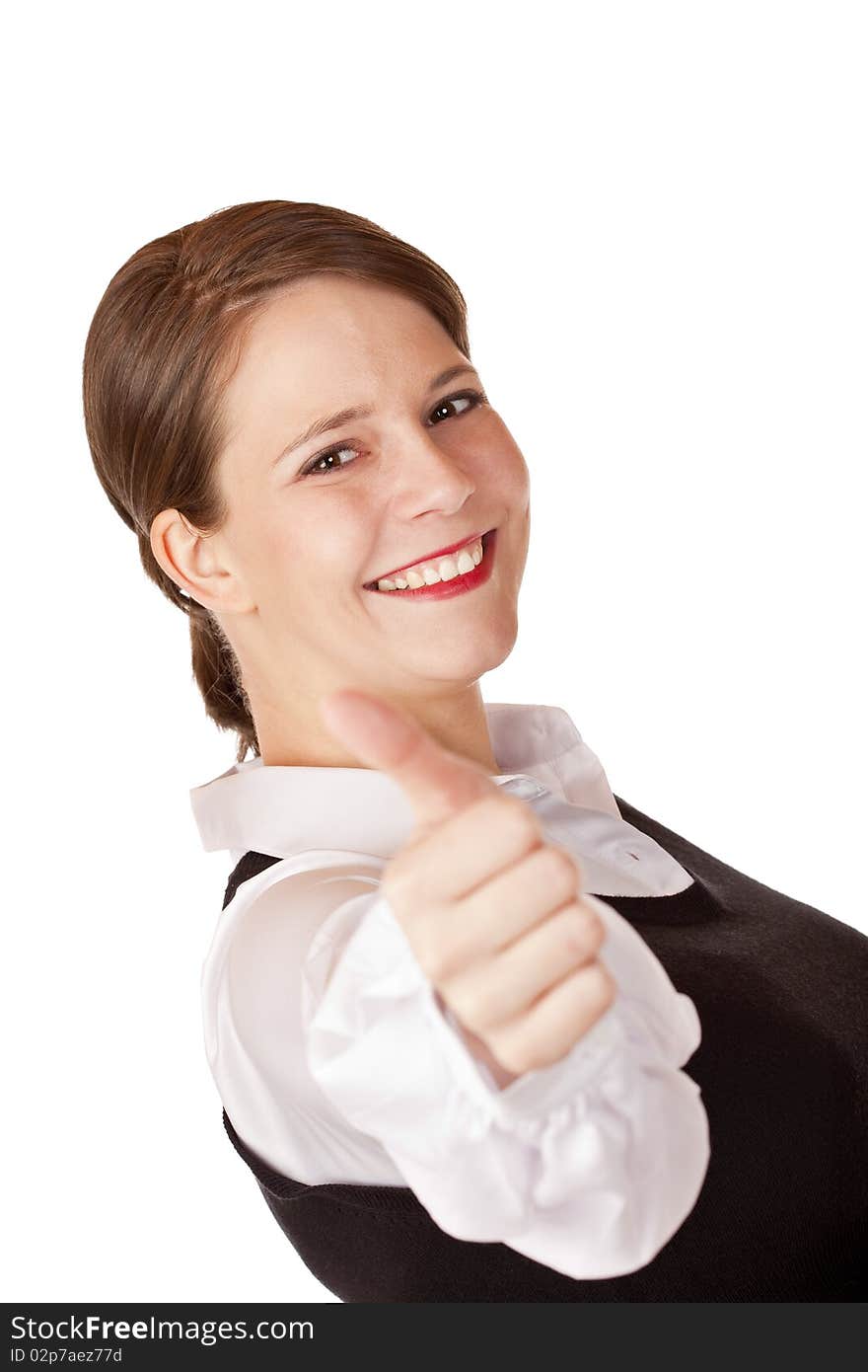 Casual young attractive businesswoman shows thumb up . Isolated on white background.